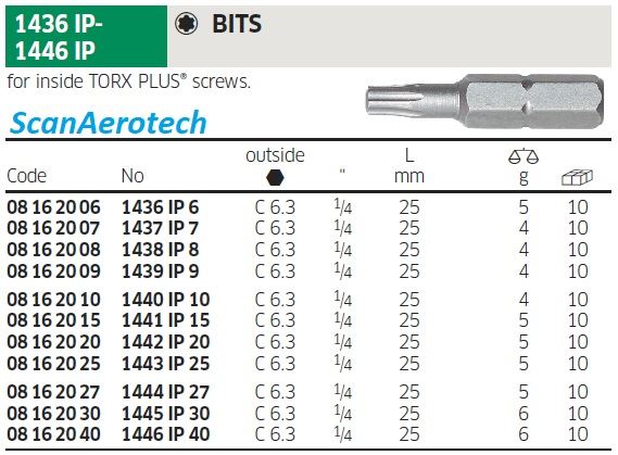 IP 7 BITS for TORX PLUS screws  (BAG OF 10EA)